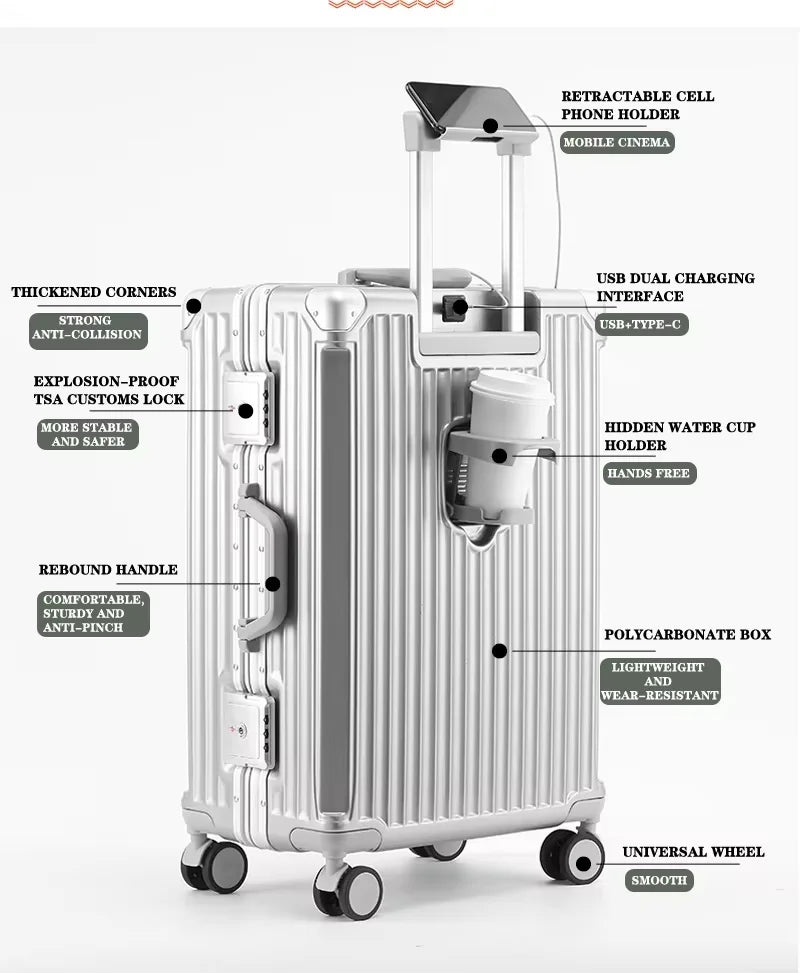 BunnyFly Suitcase Travel Suitcase Men Women 20 Carry-On Luggage Women PC Aluminum Frame Trolley Case TSA Password Lock