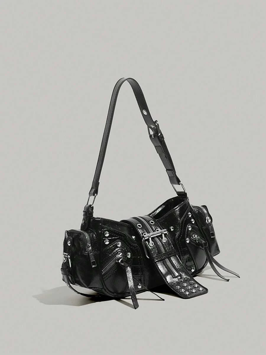 Motorcycle Bag Y2K Large Capacity Multifunctional Rivet Shoulder Crossbody Underarm Bag, Deep Black PU Leather Handbag SKU: SG25021281714057390