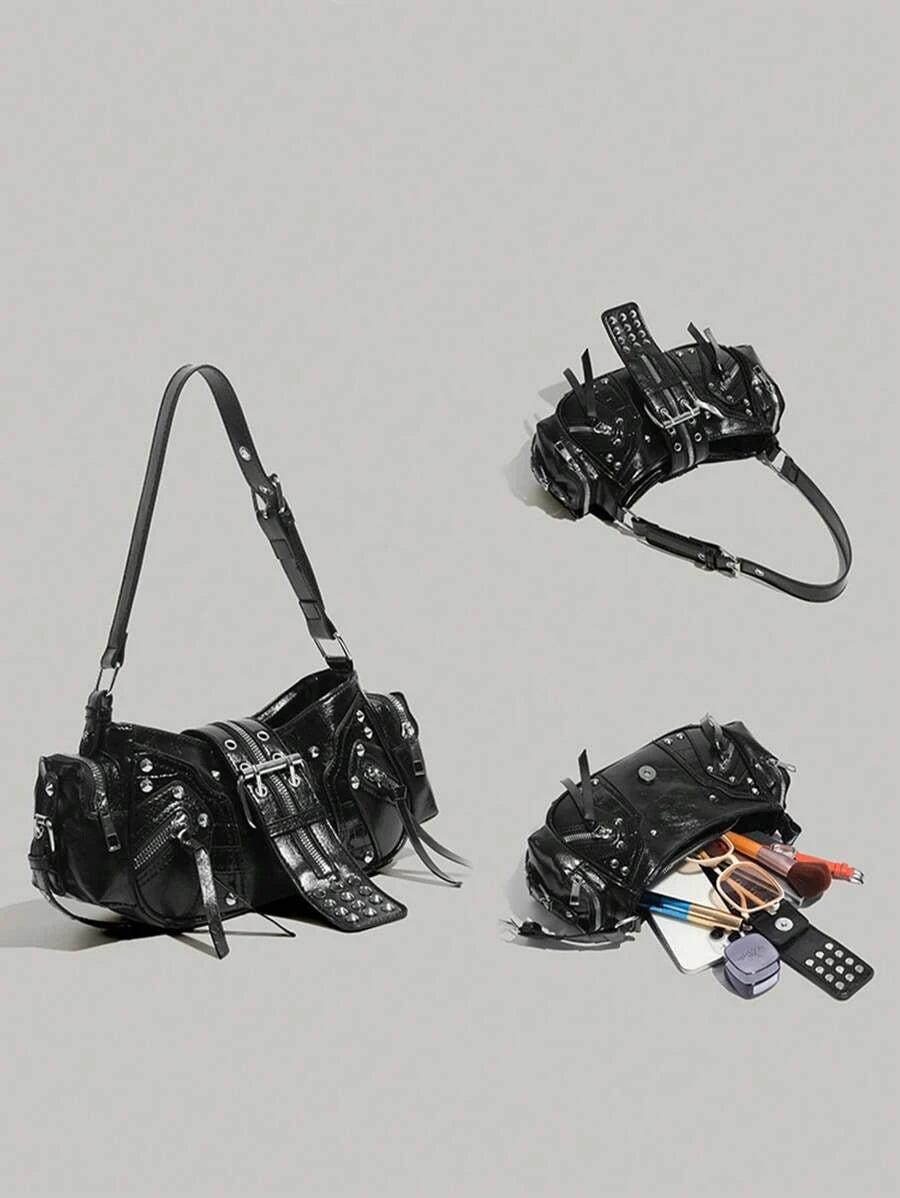 Motorcycle Bag Y2K Large Capacity Multifunctional Rivet Shoulder Crossbody Underarm Bag, Deep Black PU Leather Handbag SKU: SG25021281714057390
