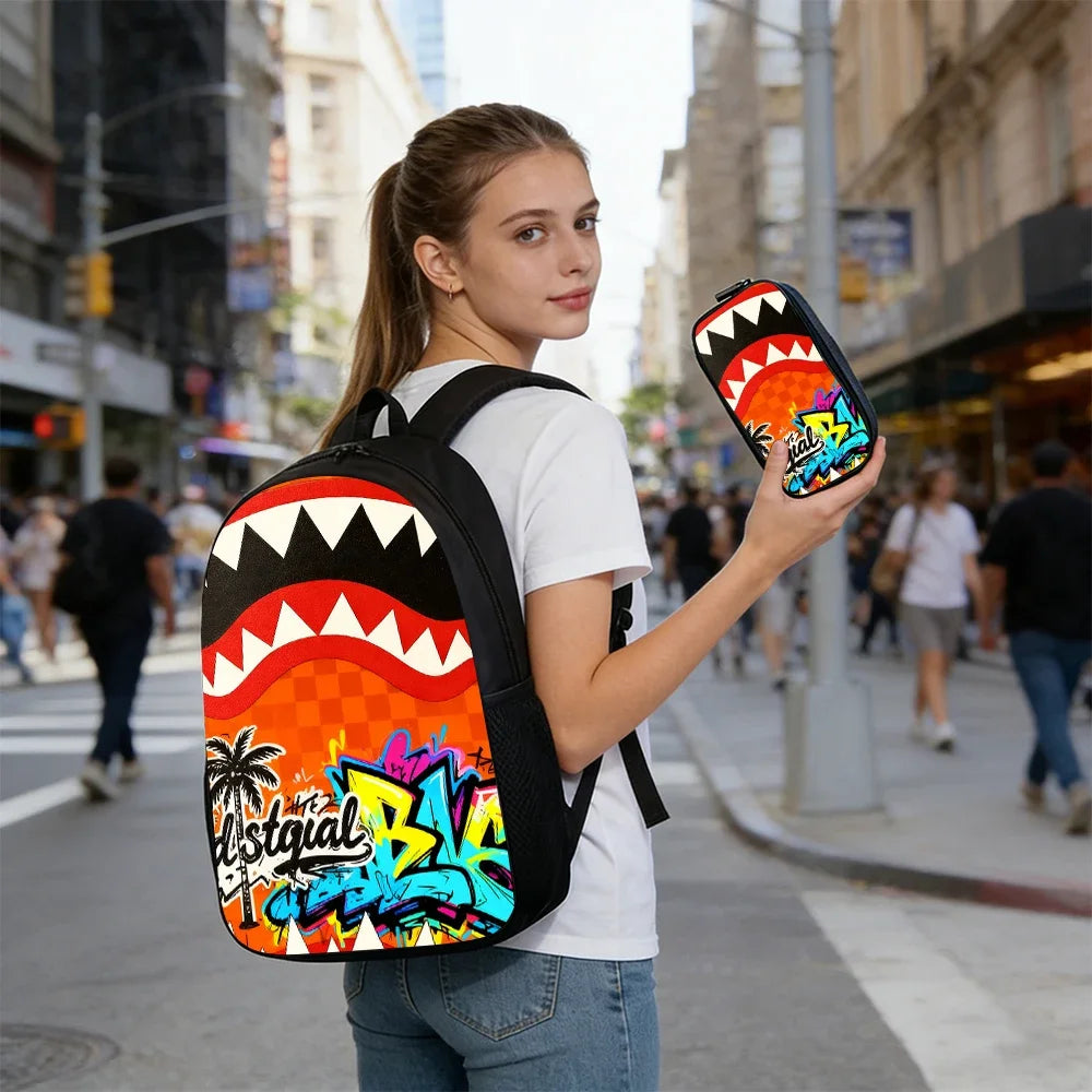 1/2/3/4/5PCS Trendy Shark Graphic Backpack Set | Perfect for School & Daily Adventures