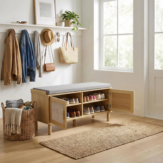 Entryway Shoe Changing Stool with Cushion and with 2 Doors Multi-layer Shoe Storage Shoe Cabinet Shoes Storage Rack Home Door Long Bench for Bedroom