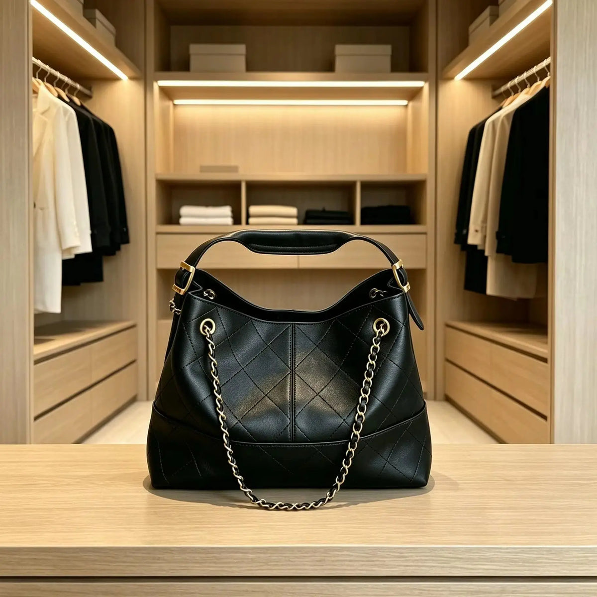 Diamond Quilted Genuine Leather Hobo Shoulder Bag With Chain