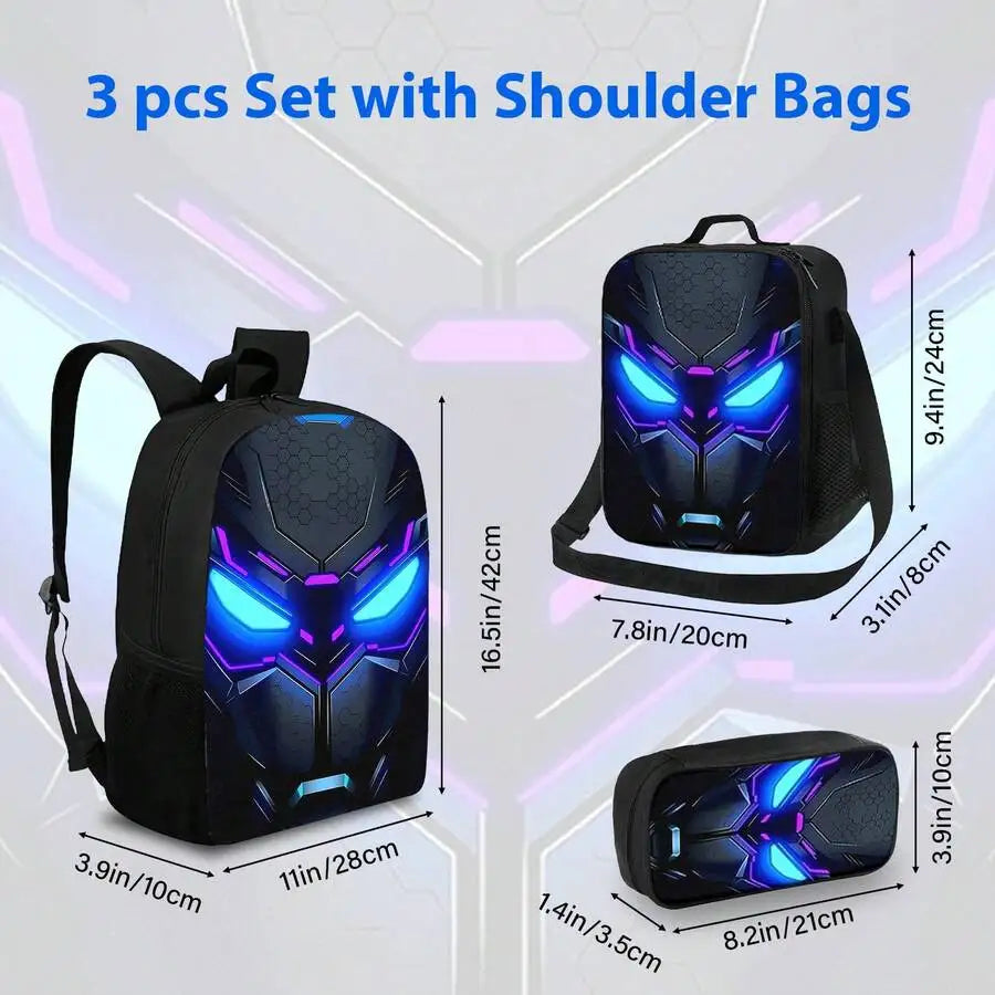 3PCS Cool Mecha Backpack Set , Large Capacity School Bag With Matching Lunch Bag & Pencil Case, Durable Lightweight Bookbag , Daily Use, And Gift
