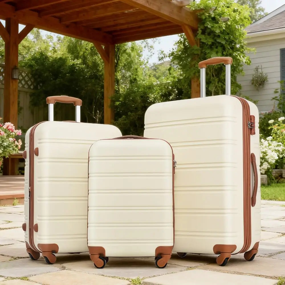 3 Piece Luggage Set Hard Shell Suitcases with Wheels, Antique White Durable Carry on Luggage with Lock, Rolling Checked Travel Suitcase for Women & Men, Lightweight Suit Case for Travel
