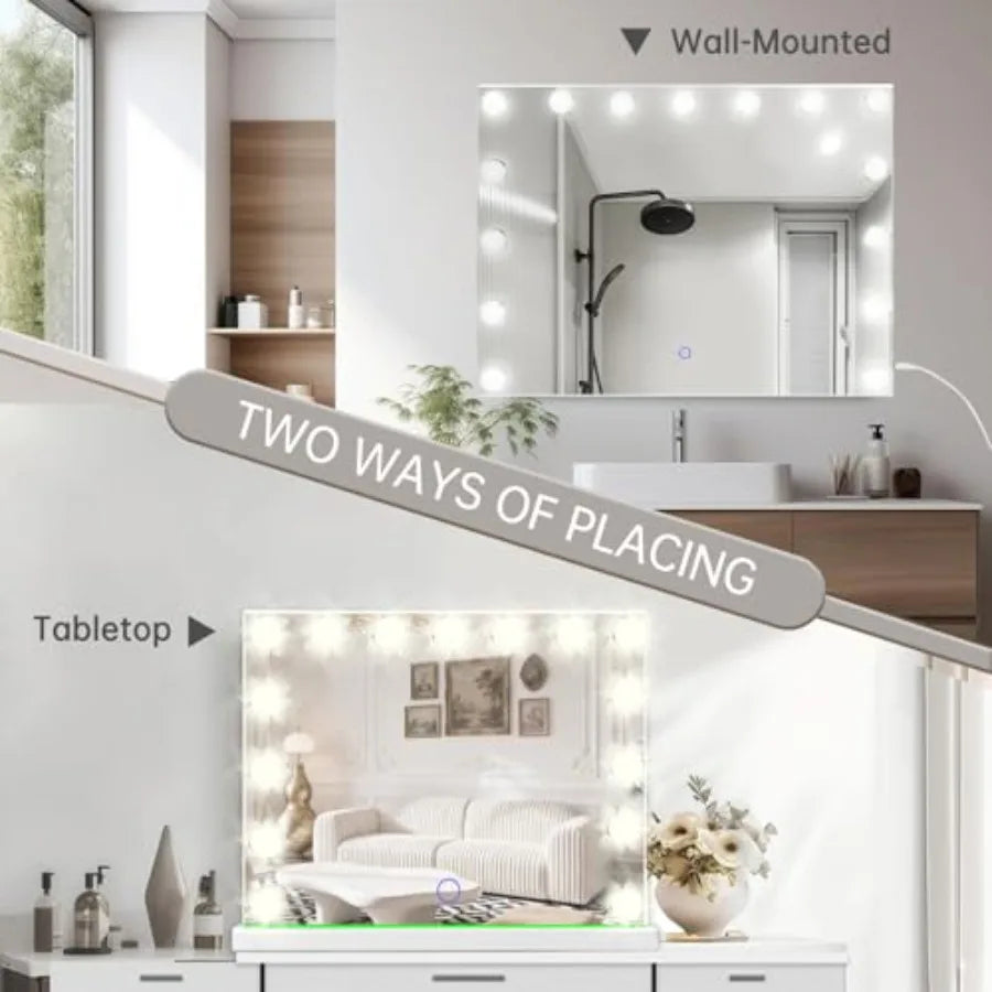 Hollywood Vanity Mirror with Lights, 23" x 18" Lighted Makeup Mirror with 15 Led Bulbs, 3 Color Lights, 10x Magnification, Desk