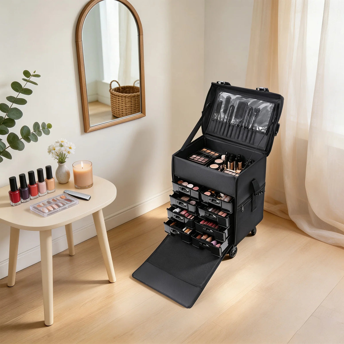 Rolling Makeup Case, Cosmetic Case Trolley, Make Up Suitcase Cosmetic Trolley, Makeup Suitcase with Four Universal Wheels