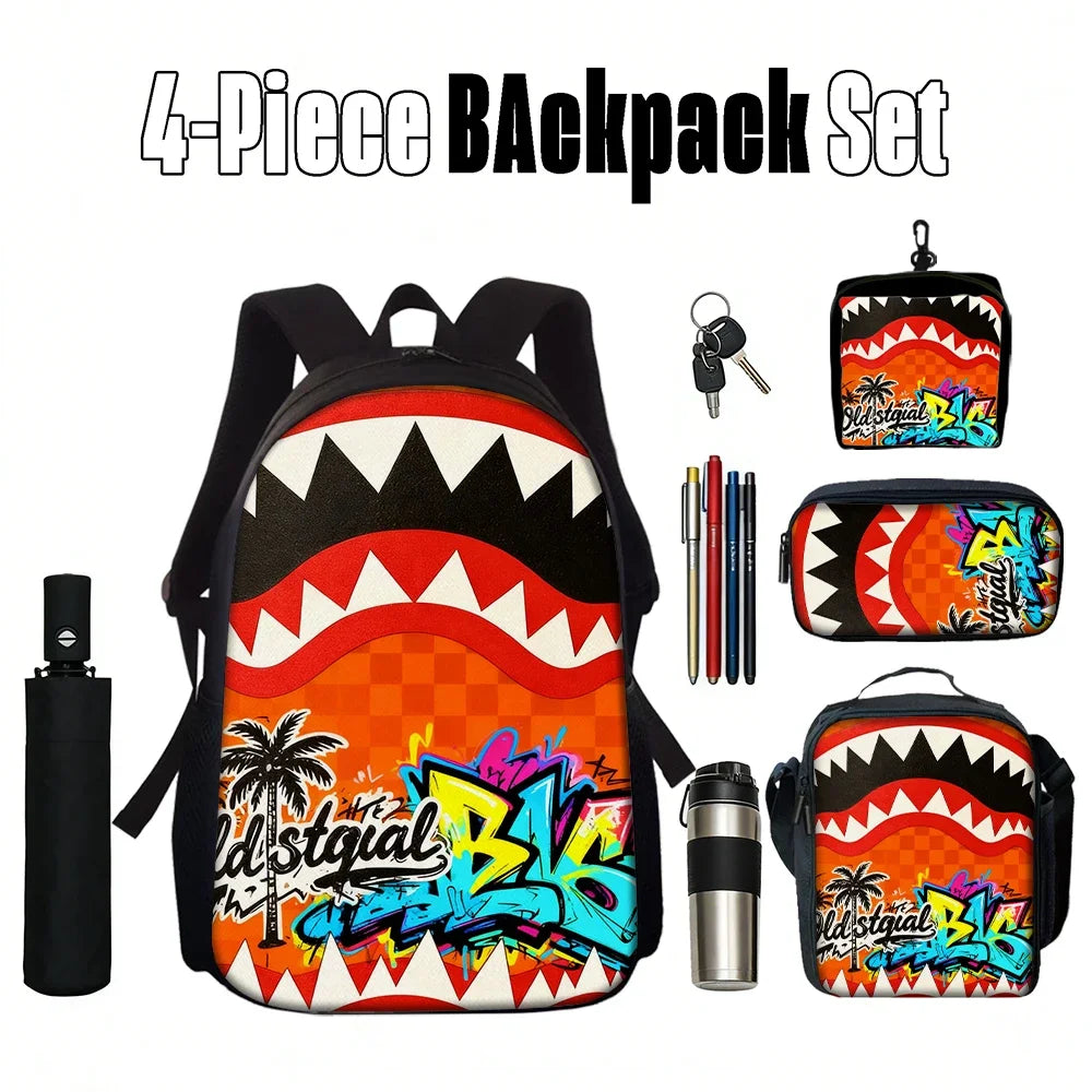 1/2/3/4/5PCS Trendy Shark Graphic Backpack Set | Perfect for School & Daily Adventures