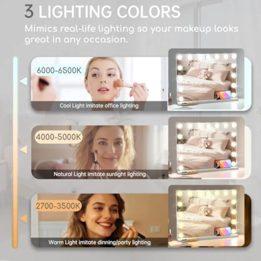 Hollywood Vanity Mirror with Lights, 23" x 18" Lighted Makeup Mirror with 15 Led Bulbs, 3 Color Lights, 10x Magnification, Desk