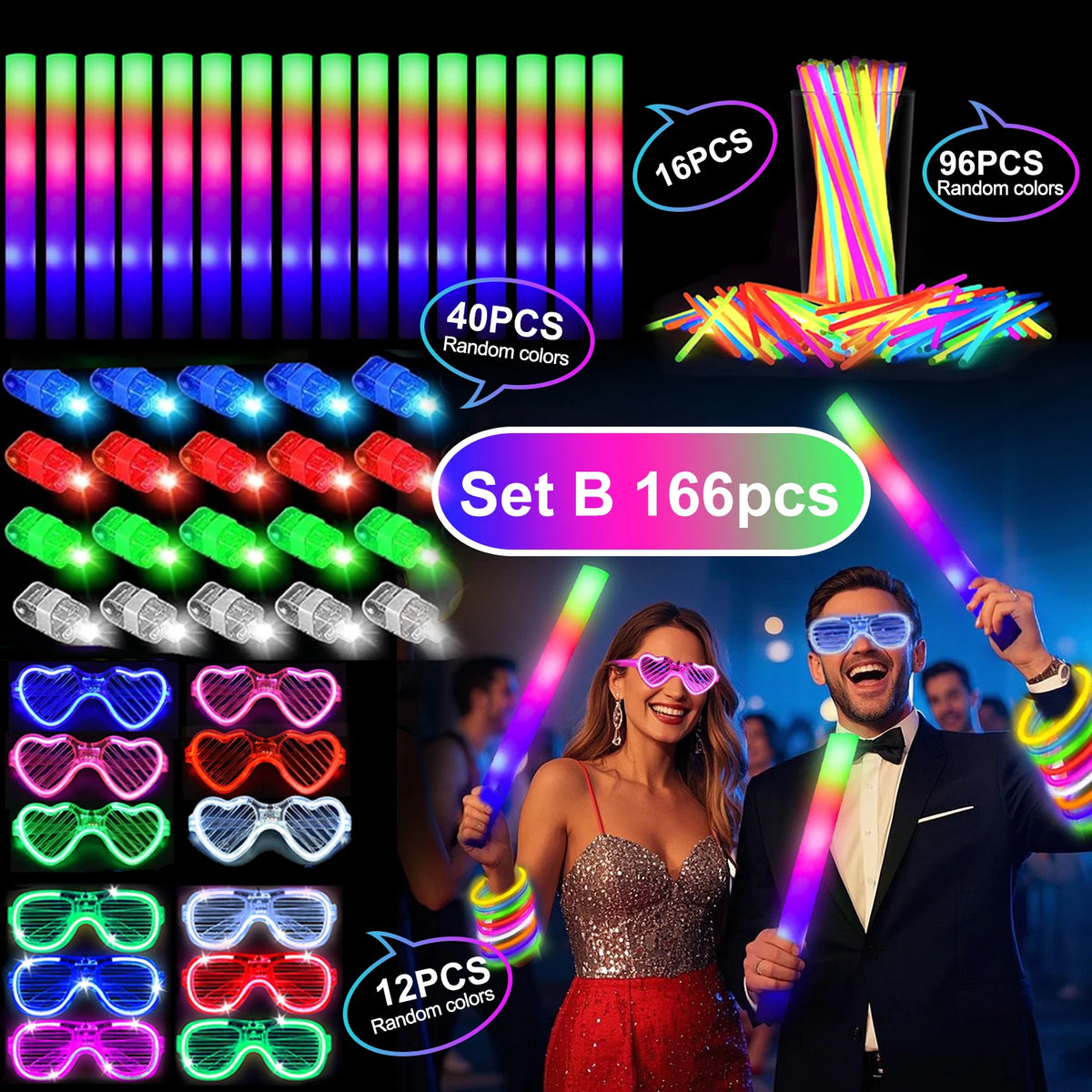 166-Piece Glowing Party Decoration Set - 12 Led Glasses, 16 Foam Sticks, 40 Finger Lights, 100 Glow Sticks, Suitable for Weddings and Halloween