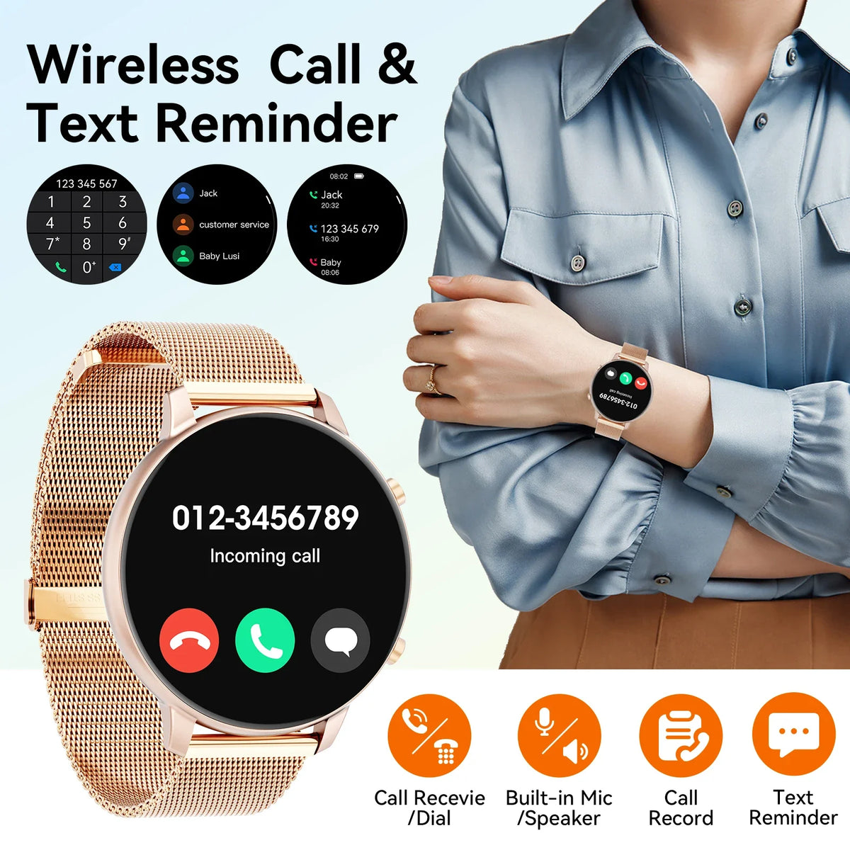 Women Rose Gold Smart Watch 1.39" Round Screen Bluetooth Call IP67 Waterproof Fitness Tracker Heart Rate SpO2 Monitor Ladies Smartwatch For Android IOS