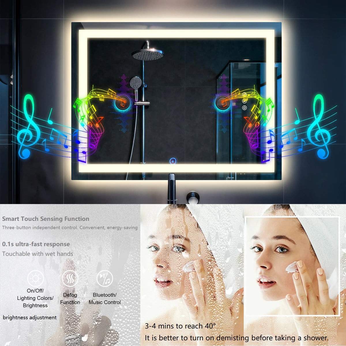 Smart LED Bathroom Mirror 500x700mm/600x800mm Rectangle Vanity Mirror with Dual NdFeB Speaker, Anti-Fog, Tempered Glass