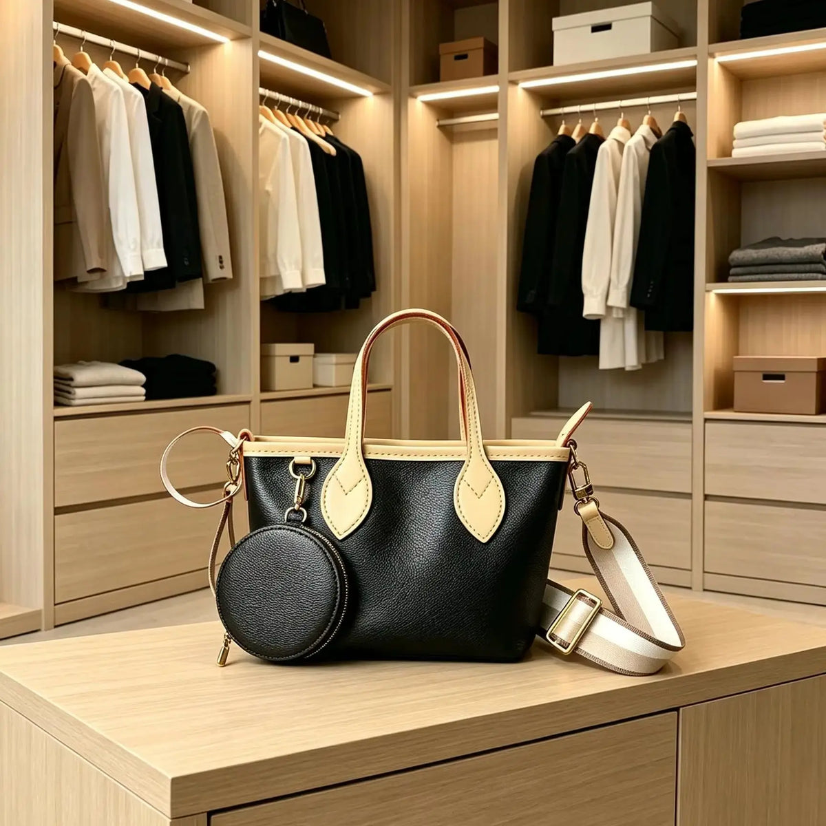 Black Beige Contrast Tote Bag Top Handle Handbag With Mini Round Coin Purse Ladies Wide Detachable Strap Faux Leather Purse