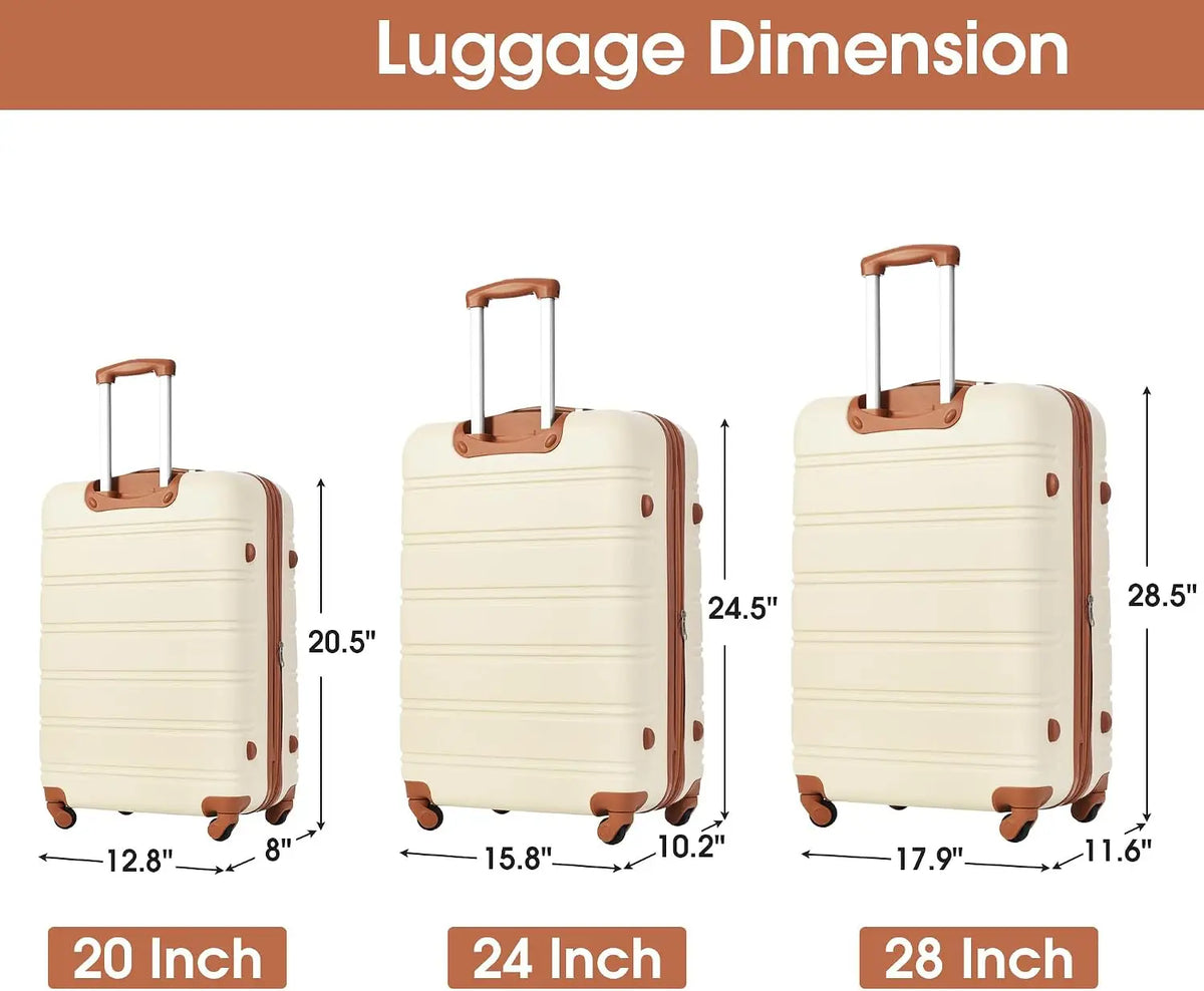 3 Piece Luggage Set Hard Shell Suitcases with Wheels, Antique White Durable Carry on Luggage with Lock, Rolling Checked Travel Suitcase for Women & Men, Lightweight Suit Case for Travel