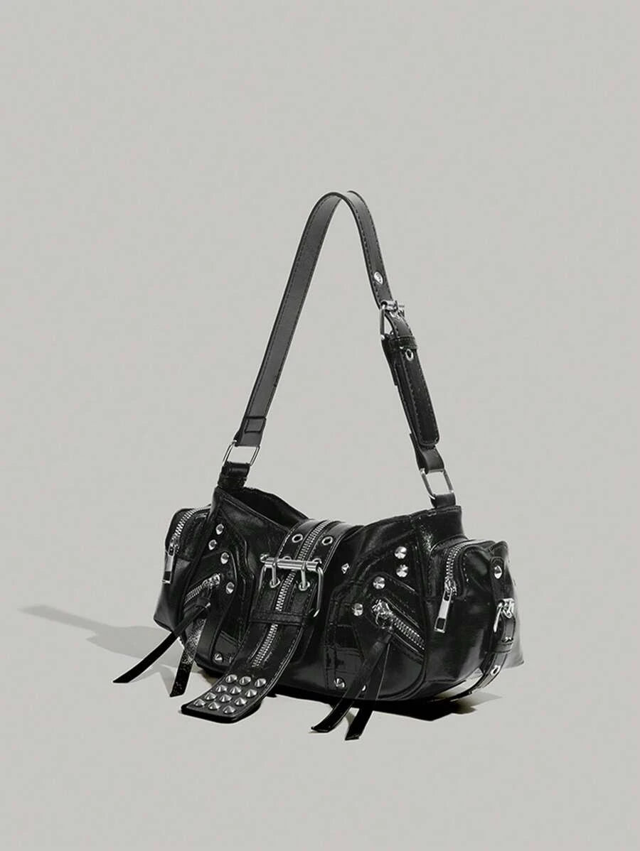 Motorcycle Bag Y2K Large Capacity Multifunctional Rivet Shoulder Crossbody Underarm Bag, Deep Black PU Leather Handbag SKU: SG25021281714057390