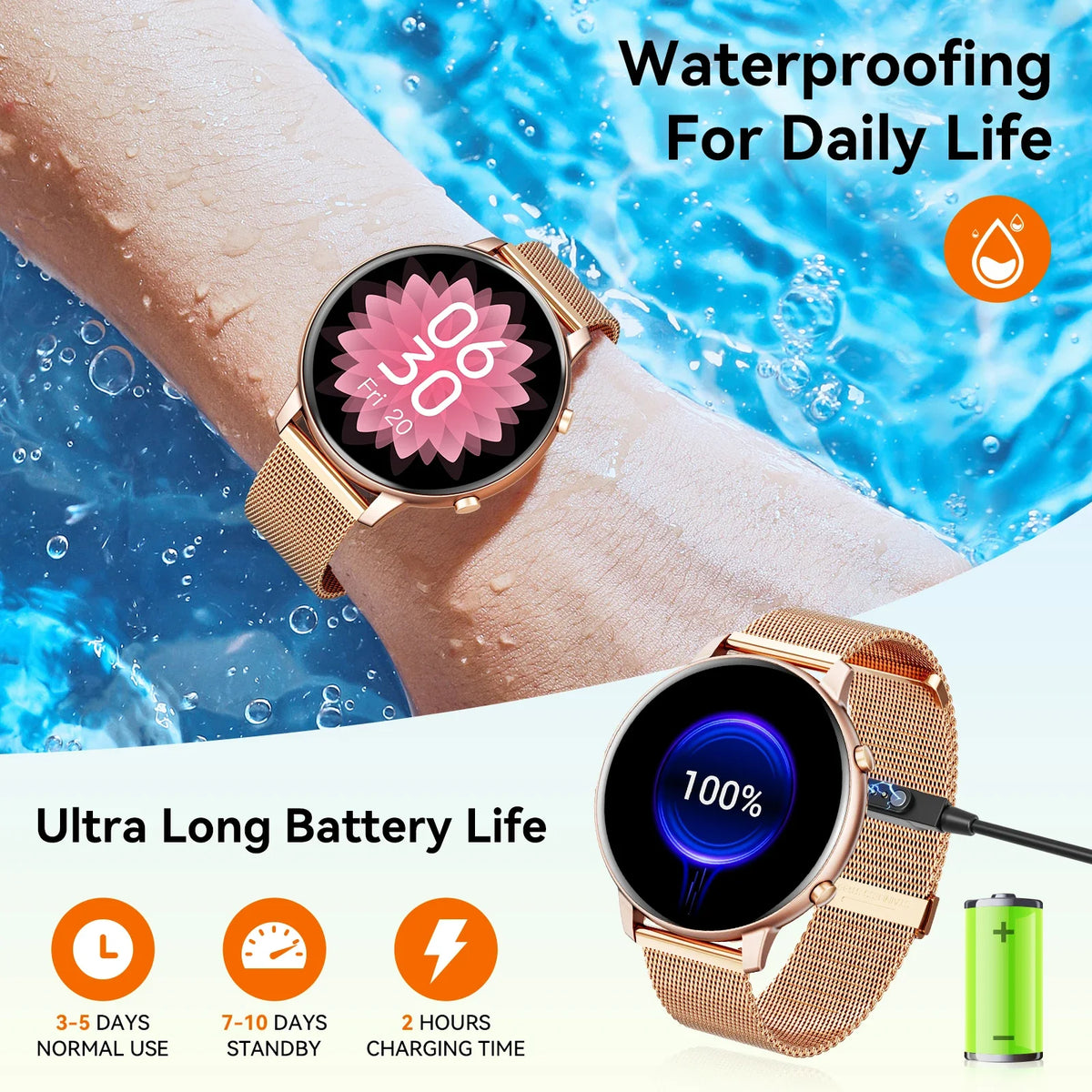 Women Rose Gold Smart Watch 1.39" Round Screen Bluetooth Call IP67 Waterproof Fitness Tracker Heart Rate SpO2 Monitor Ladies Smartwatch For Android IOS