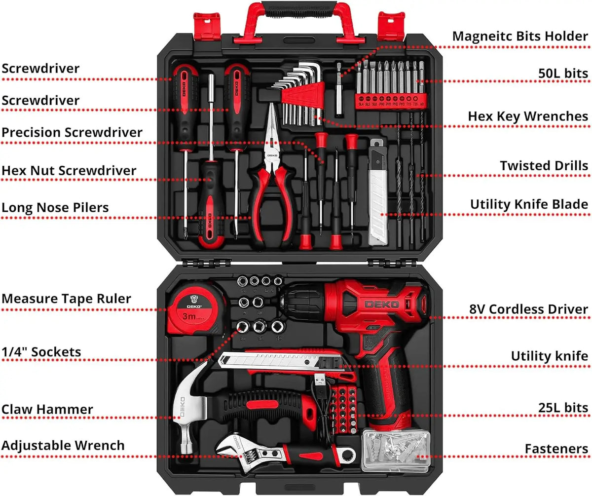DEKO Drill Set Tool Set with 8V Red Cordless Drill, Home Tool Kit with Drill, Hand Tool Kits for Women 126 Piece