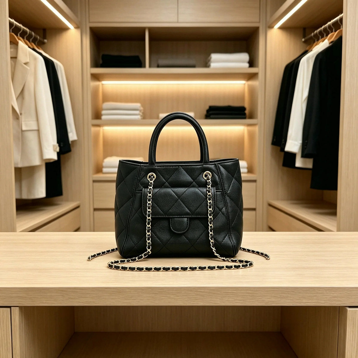 Quilted Genuine Leather Tote Bag With Chain Shoulder Strap