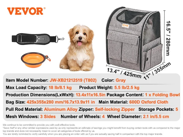 SucceBuy Pet Cat Carrier Breathable Outgoing Dog Carry Backpack with Telescopic Handle Wheels and Shoulder Strap for Travel Trip