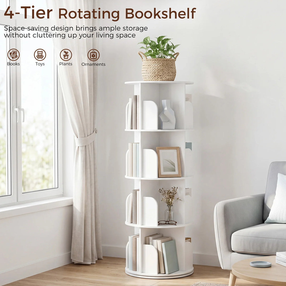 MCQ 3 to 4 Tier Rotating Bookshelf 360° Display Revolving PVC Book Shelf Storage Rack Storage Organizer Open Cube Bookshelf  for Living Room Bedroom
