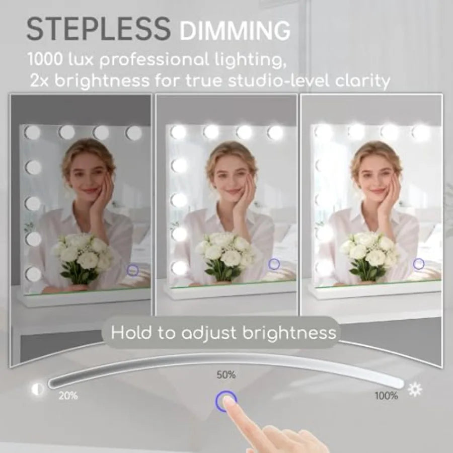Hollywood Vanity Mirror with Lights, 23" x 18" Lighted Makeup Mirror with 15 Led Bulbs, 3 Color Lights, 10x Magnification, Desk