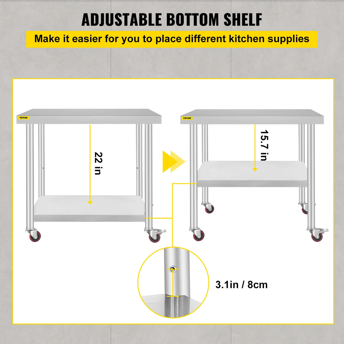 SucceBuy Stainless Steel Kitchen Prep Table With 4 Caster Wheels & Backsplash Loads Up to 100-300KG for Home Storage Rack Dining